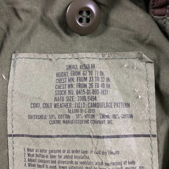 US Army Coat Cold Weather Camouflage Pattern Jacket Mens Small M65 Military Hood - Picture 9 of 16